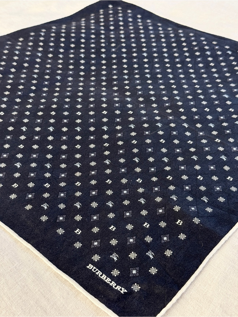 Vintage Burberry Navy Monogram Horse Logo Cotton Bandana Made in Japan